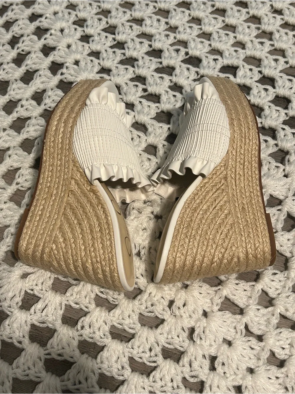 Jessica Simpson Cream Ruffle Smocked Wedge Slides